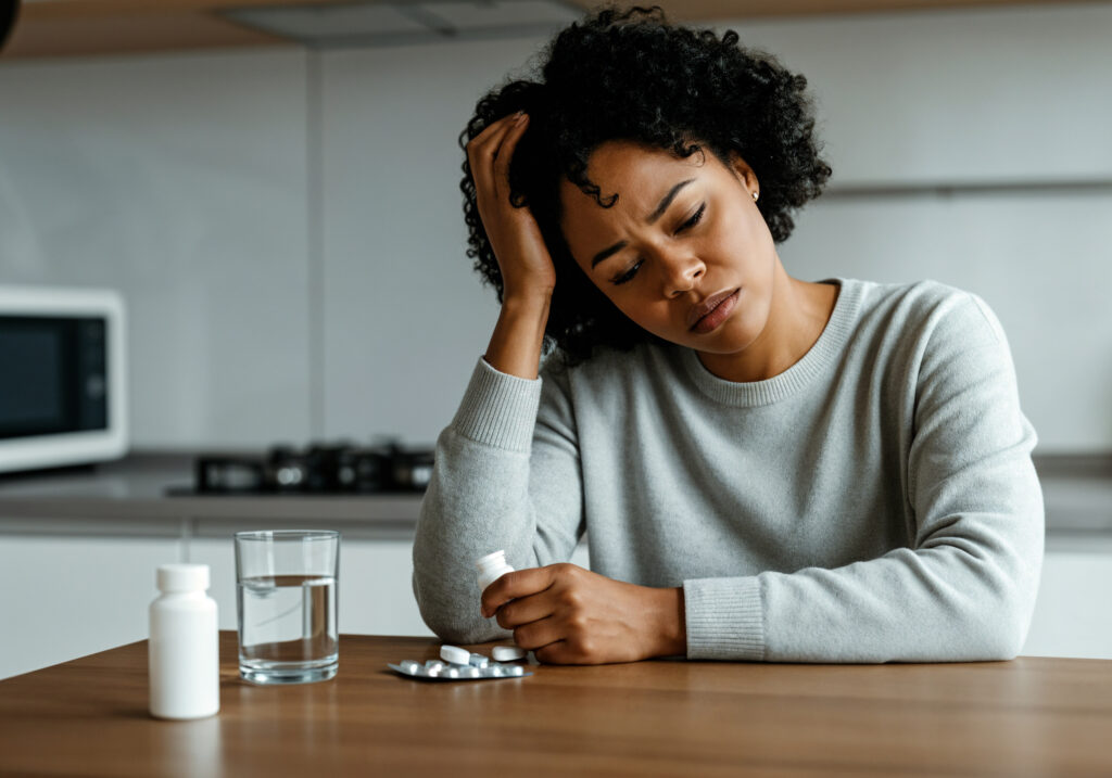Woman experiencing emotional distress while holding medication